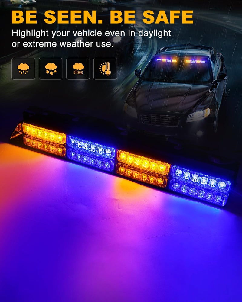 HLauto 6Z4J Emergency Dash Strobe Lights: 2x16.8 inch Blue Amber Safety Lights, 48 LED Flashing Warning Hazard Interior Windshield Visor Traffic Light Bar for Trucks, Construction Vehicles - Image 3
